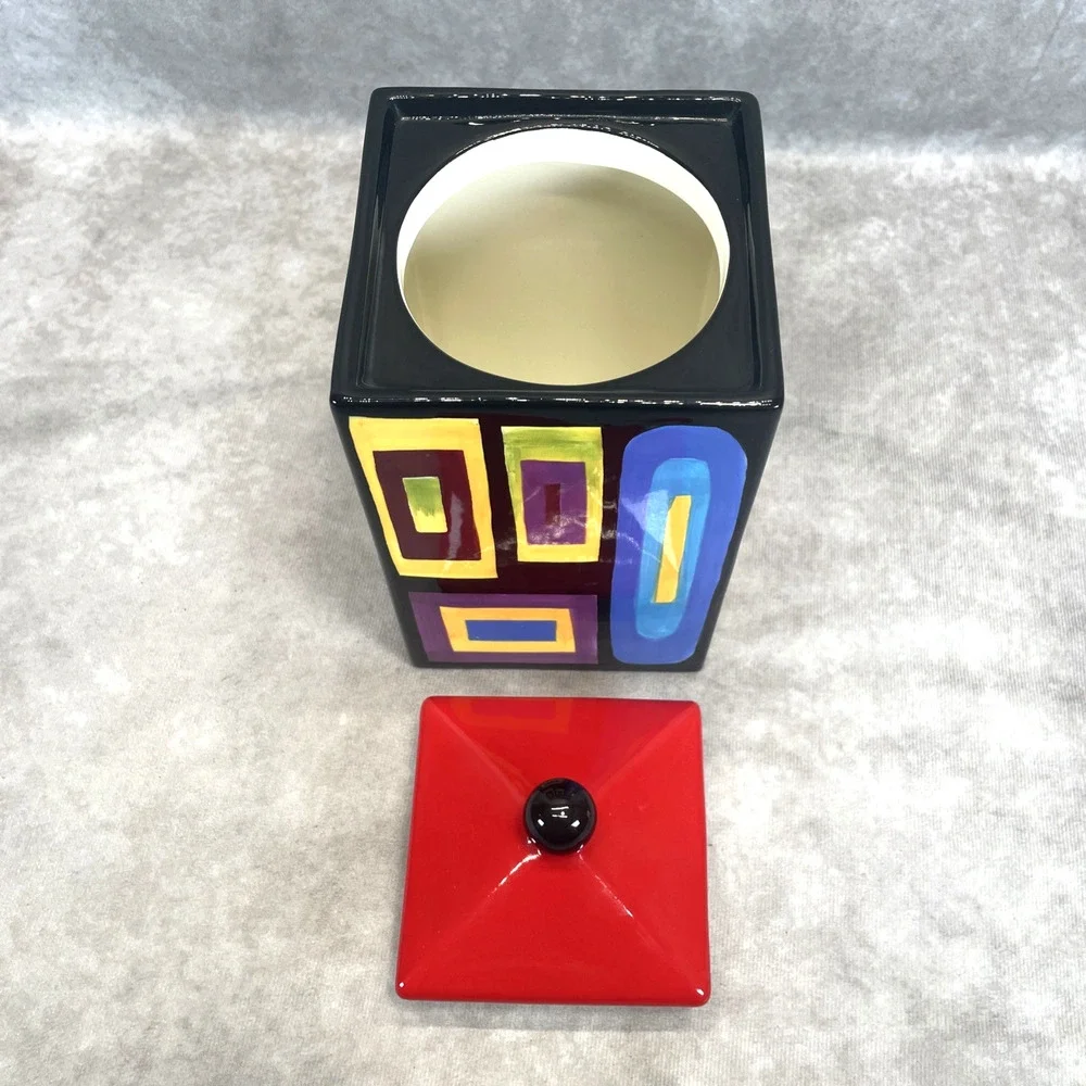 Mary Naylor Designs Modern Ceramic Canister Red Lid Hand Painted Abstract 7x4.5
